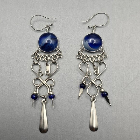 VTG Blue Glass Chandelier Dangle Earrings 3" Silver Tone Wirework Boho Drop - Picture 2 of 6